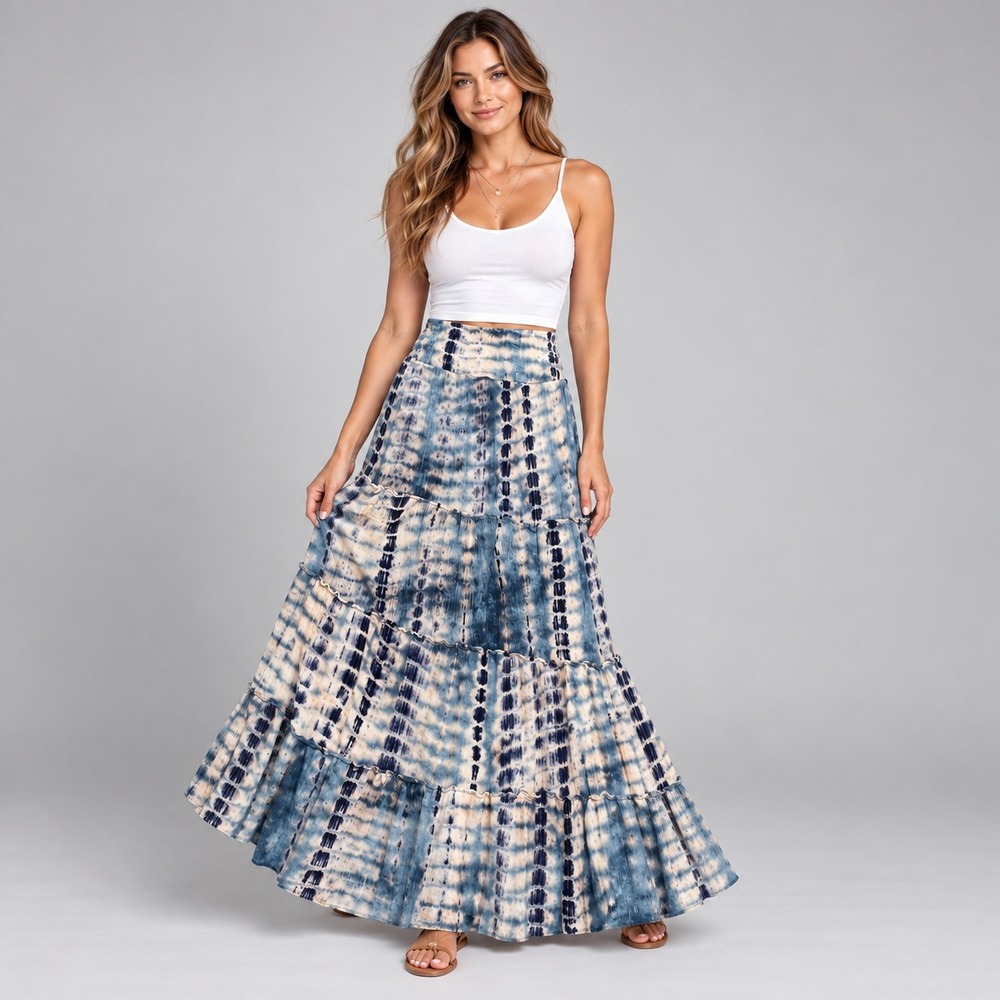 Natural Life Maxi Skirt Womens XL Blue Tie Dye Tiered Smocked Boho Crinkle Rayon